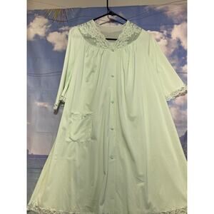 Vintage Shadowline Women's M Nylon Peignoir Robe Aqua Green Lace Pink Rosebud